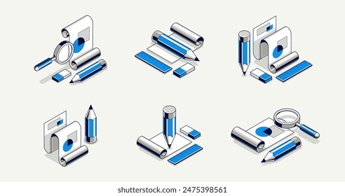 Engineer education concept set, engineering project draft plan drawing in progress, learning study student in college, vector 3D isometric icon or logo with paper blueprint and pencil.