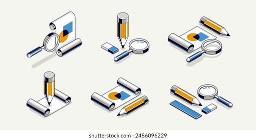 Engineer education concept set, engineering project draft plan drawing in progress, learning study student in college, vector 3D isometric icon or logo with paper blueprint and pencil.