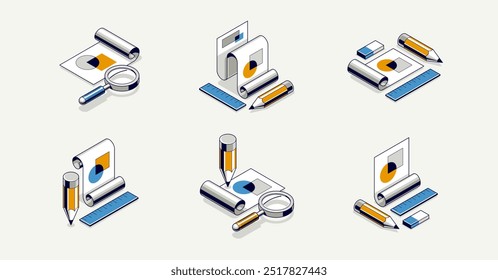 Conjunto de conceito de educação do engenheiro, desenho de projeto de projeto de engenharia em andamento, aluno de estudo de aprendizagem na faculdade, vetor ícone isométrico 3D ou logotipo com papel blueprint e lápis.