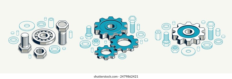 Engineer education concept set, gears and cogs composition isometric 3D vector illustration, study science in university, engineering learning.