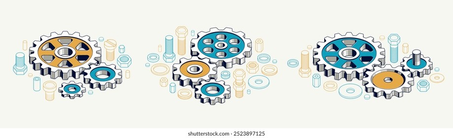 Conjunto de conceptos de educación de ingenieros, Ilustración vectorial isométrica 3D de composición de engranajes y engranajes, estudio de ciencias en la universidad, aprendizaje de ingeniería.