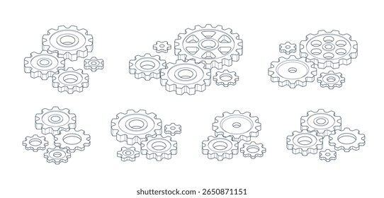 Engineer education concept set, gears and cogs composition isometric 3D vector illustration, study science in university, engineering learning.