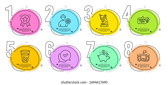 Engineer, Education idea and Approved signs. Timeline steps infographic. Saving money, Ranking star and Ice tea line icons set. Arena, Microscope symbols. Piggy bank, Winner medal. Vector
