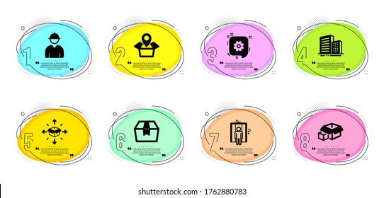 Engineer, Elevator and Cogwheel signs. Timeline infographic. Packing boxes, Parcel delivery and Buildings line icons set. Package box, Package location symbols. Vector