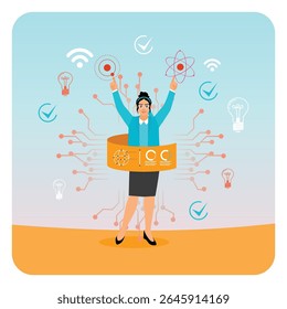 Um engenheiro se envolve com representações simbólicas da tecnologia de computação quântica e inovação, apresentando lâmpadas e elementos de desenvolvimento digital. Conceito de computador quântico.