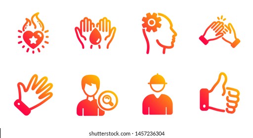 Engineer, Engineering and Search people line icons set. Safe water, Hand and Clapping hands signs. Heart flame, Like hand symbols. Worker profile, Cogwheel head. People set. Vector