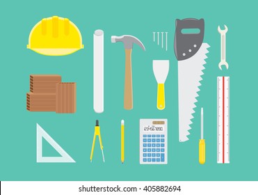 Engineer equipment collection in top view on green background