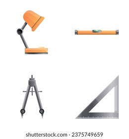 Engineer equipment icons set cartoon vector. Measuring and drawing tool. Design, project preparation