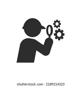 Engineer examines the mechanism con. Monochrome black and white symbol. Vector illustration