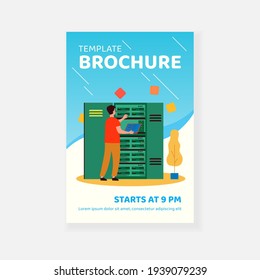 Engineer examining internet server equipment. Electrician checking cables on switchboard. Vector illustration for telecommunication work, system administrator job concept