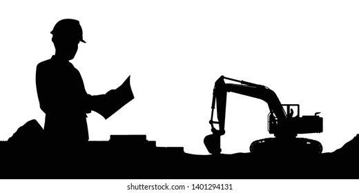 Engineer with excavator silhouette vector
