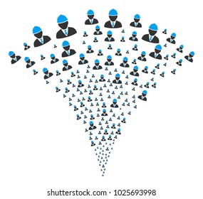 Engineer explosion fountain. Vector illustration style is flat iconic symbols. Object fountain organized from random pictograms as engineer fireworks.