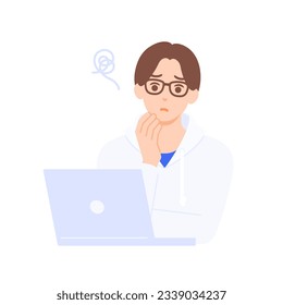 Engineer facing a problem. Vector illustration of a man pondering.