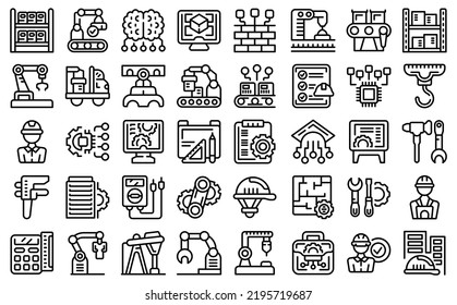 Engineer factory icons set outline vector. Machine work. Technical computer