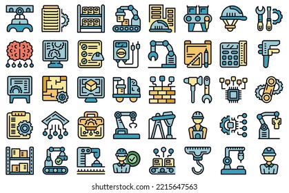 Engineer factory icons set outline vector. Machine work. Technical computer color flat isolated