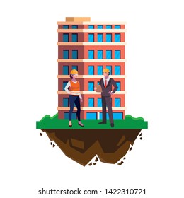 engineer with female builder and building