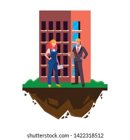engineer with female builder and building