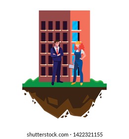 engineer with female builder and building
