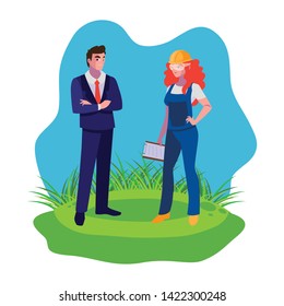 engineer with female builder on the lawn