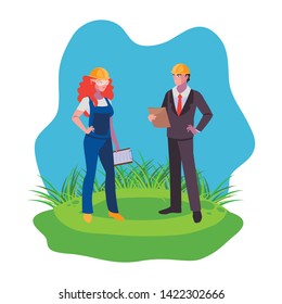 engineer with female builder on the lawn