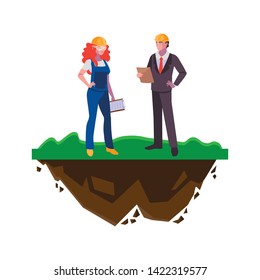 engineer with female builder on the lawn