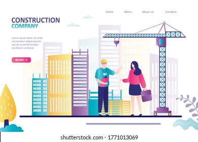Ingeniero y clienta femenino discuten proyecto inacabado. Proceso de trabajo de construcción con grúa grande. El cliente y el capataz en el fondo de la obra. Plantilla de página de inicio. Ilustración vectorial plana