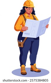 engineer, female construction worker holding blueprints flat illustration