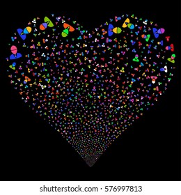 Engineer fireworks with heart shape. Vector illustration style is flat bright multicolored iconic symbols on a black background. Object heart combined from confetti pictograms.