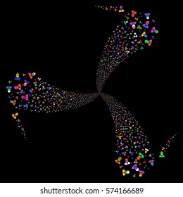 Engineer fireworks swirl rotation. Vector illustration style is flat bright multicolored iconic symbols on a black background. Object spiral done from random icons.