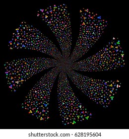 Engineer fireworks swirl rotation. Vector illustration style is flat bright multicolored iconic symbols on a black background. Object twirl made from random symbols.