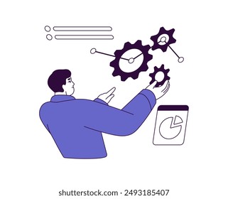 Engineer fixes gear, mechanism. Analyst explores technology concept. Worker changes setting of tech. System of working cogwheels. Flat isolated outline vector illustration on white background