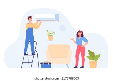 Engineer fixing or cleaning air conditioner in living room. Repairman repairing AC, heating and cooling system or unit at home flat vector illustration. Repair service, HVAC, technology concept