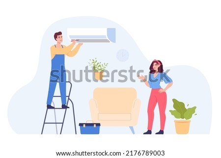 Engineer fixing or cleaning air conditioner in living room. Repairman repairing AC, heating and cooling system or unit at home flat vector illustration. Repair service, HVAC, technology concept