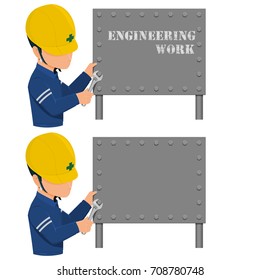 An engineer is fixing the metal sign with the spanner on transparent background
