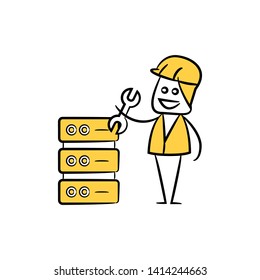 engineer fixing router icon stick figure yellow theme