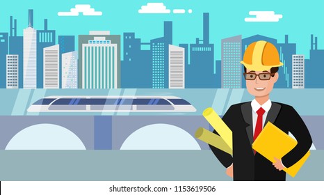 Engineer with folders in his hand with the city and hyperloop on a background. Flat vector illustration.