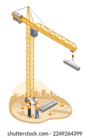 Engineer and Foreman talking under Hammerhead Tower Crane heavy-duty lifting system Construction site tools and equipment isometric isolated illustration vector