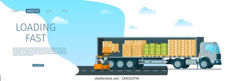 Engineer in Forklift Car Loading Fast Box to Truck. Male Character in Loader Upload Goods to Delivery Van. Picture of Worker in Uniform Standing Infront. Flat Cartoon Vector Illustration