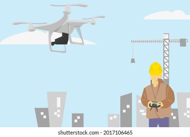 Engineer front view with yellow helmet hat to control drone with building and tower crane for engineer and construction design background vector illustration
