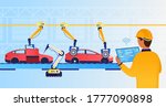 An engineer at a futuristic factory sets up an assembly line using a tablet. Automotive line. Industry technology concept. Car production. Industry 4.0. Production automation. Flat Vector Illustration