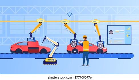 An Engineer At A Futuristic Factory Sets Up An Assembly Line Using A Tablet. Automotive Line. Industry Technology Concept. Car Production. Industry 4.0. Production Automation. Flat Vector Illustration