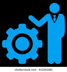 Engineer and Gear vector icon. Style is flat icon symbol, blue color, black background.