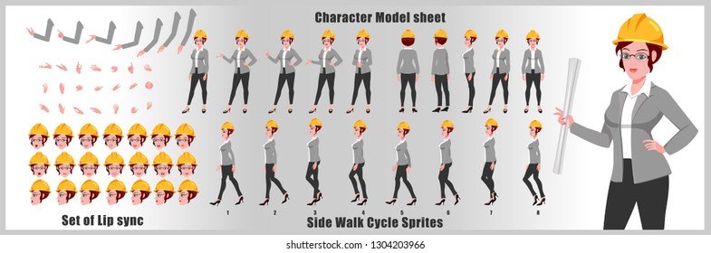 Engineer girl Character Model sheet with walk cycle animation. Flat character design. Front, side, back view animated character. character creation set with various views, face emotions and gestures.