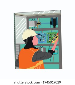 engineer girl flat illustration with circuit board