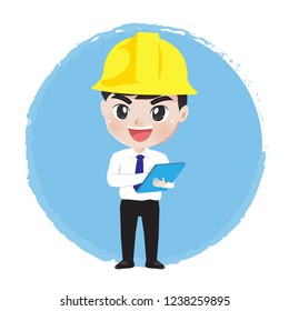 Engineer guy in work uniform hold file for inspection.