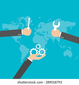 Engineer hand fix and plan with tool, vector