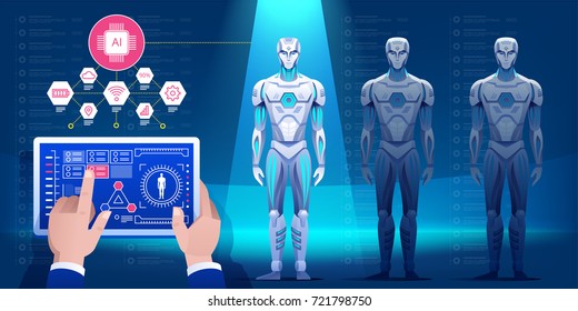 Engineer hand using tablet with Artificial intelligence. Conveyor with robots. Vector illustration
