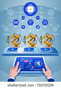 Engineer hand using tablet, heavy automation robot arm machine in smart factory. Artificial intelligence industry 4th iot concept. Vector illustration.