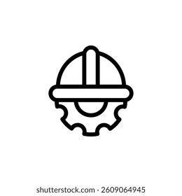 engineer hard hat with a gear icon. Represents engineering, construction, industry, and technical professions. Outline style, suitable for web design, mobile apps, and graphic design projects