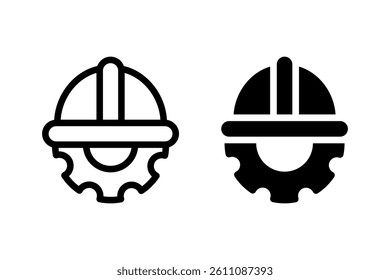engineer hard hat with a gear icon set. Represents engineering, construction, industry, and technical professions. Outline style, suitable for web design, mobile apps, and graphic design projects
